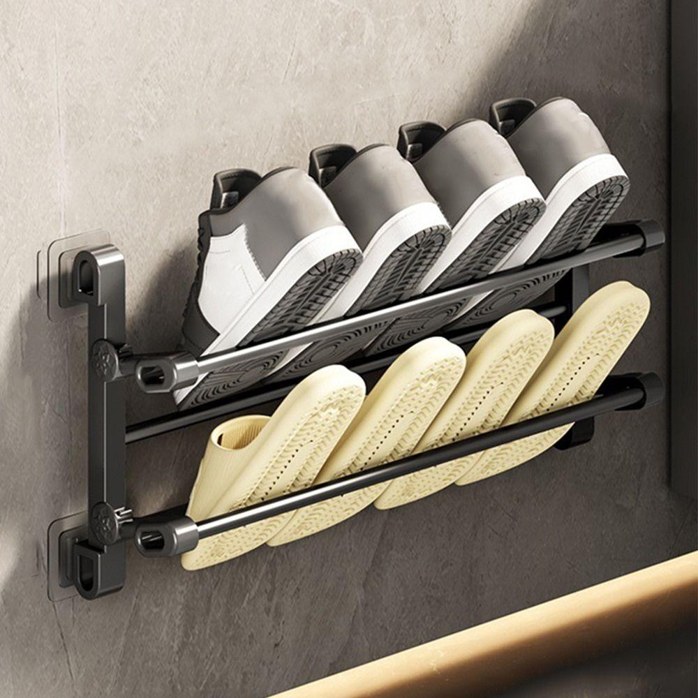 Double Layer Folding Slippers Rack Drill-Free Bathroom Shoe Rack  Clothing Storage