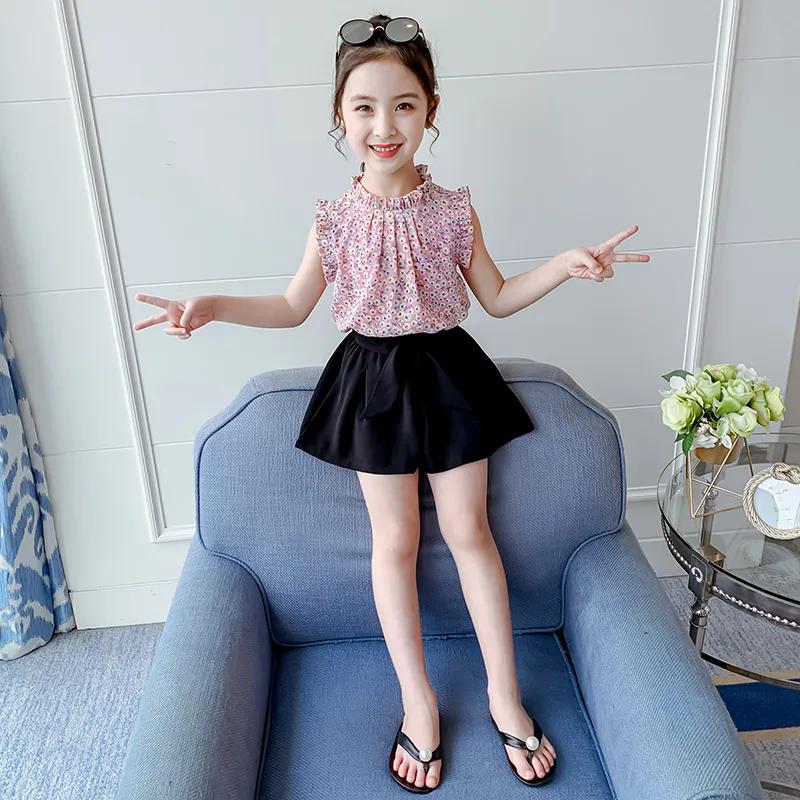 2ks Detská súprava oblečenia Jar Leto Dievčenské obleky Tlač Bez rukávov Pruhované topy + Nohavice Súprava oblečenia