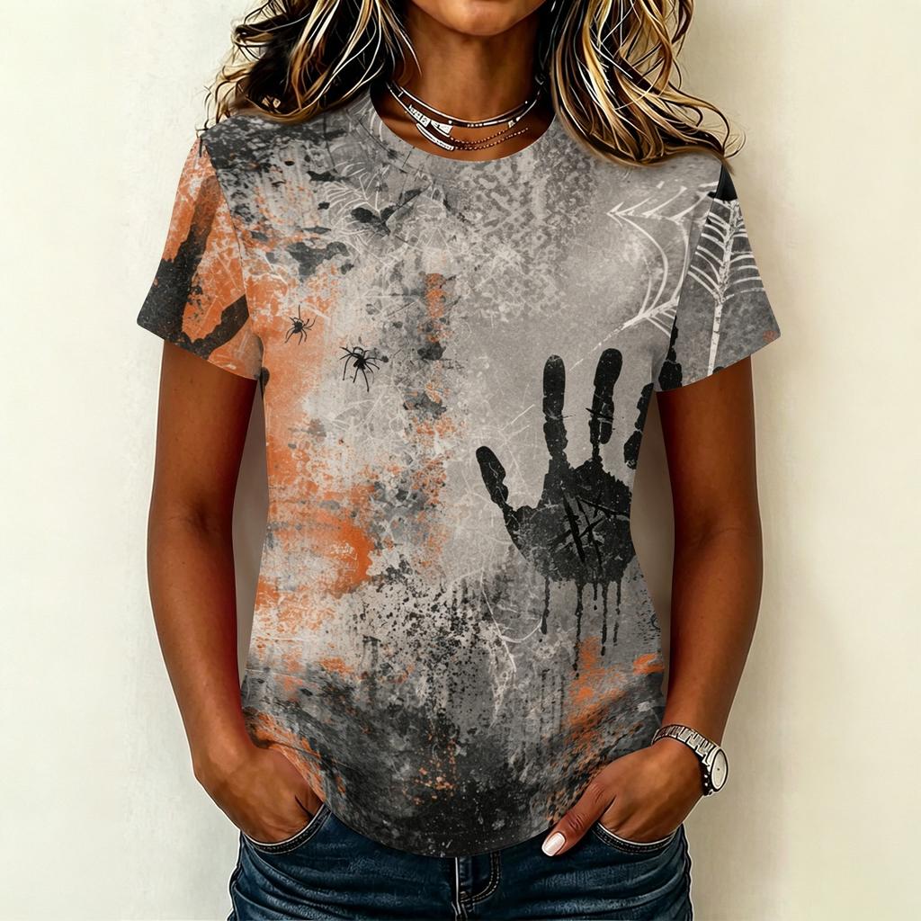 Women's Casual Pullover Short Sleeve T Shirt Halloween Graphic Print Round Neck Top Lightweight Comfortable Fit