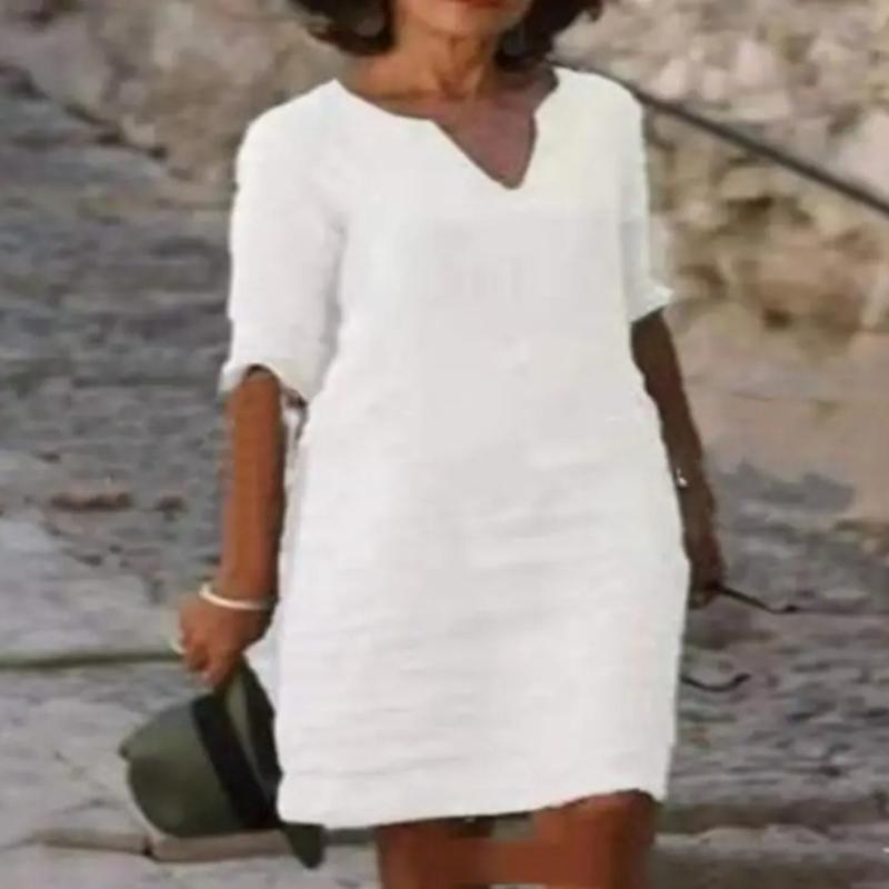 

Винтажное женское однотонное мини-платье, летнее модное хлопковое льняное платье с v-образным вырезом и рукавами три четверти, женское повседневное праздничное платье S