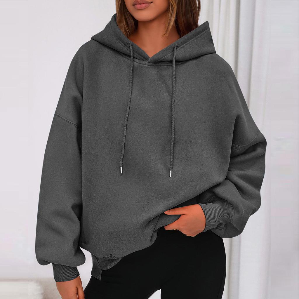 Ladies' Fashionable Solid Color Casual Hooded Pocket Long Sleeved Sweatshirt