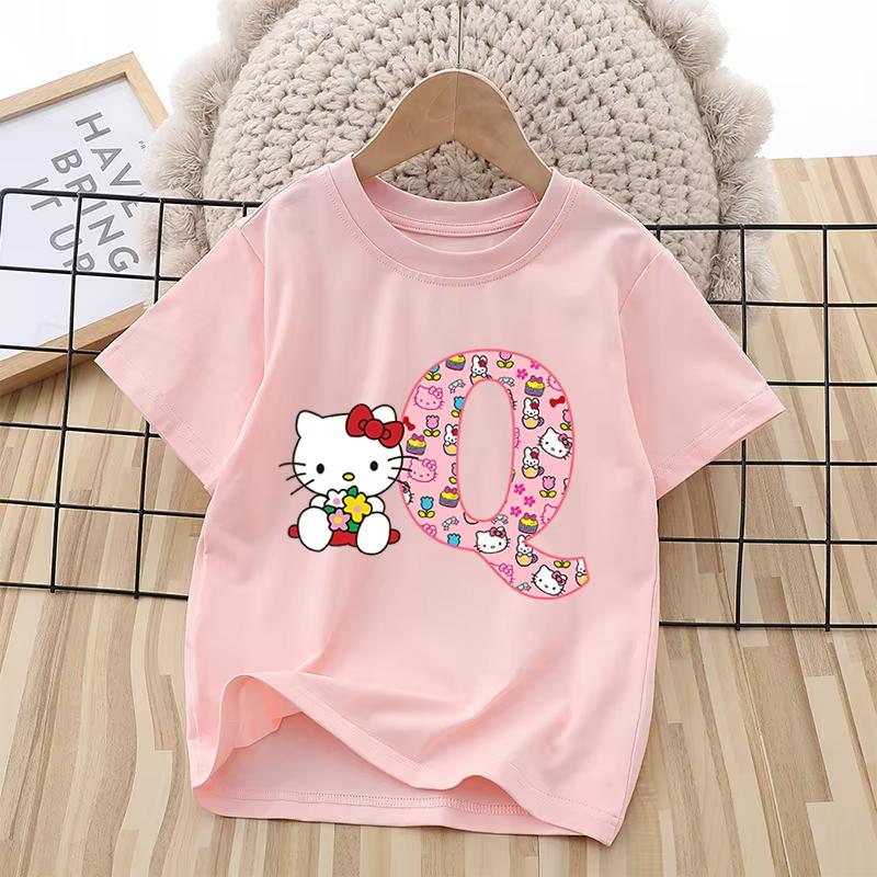 2026 Summer New Trendy Cool Childrens Tshirt Katie Cat Letter Printed Pure Cotton Round Neck Parent Child Wear Unisex