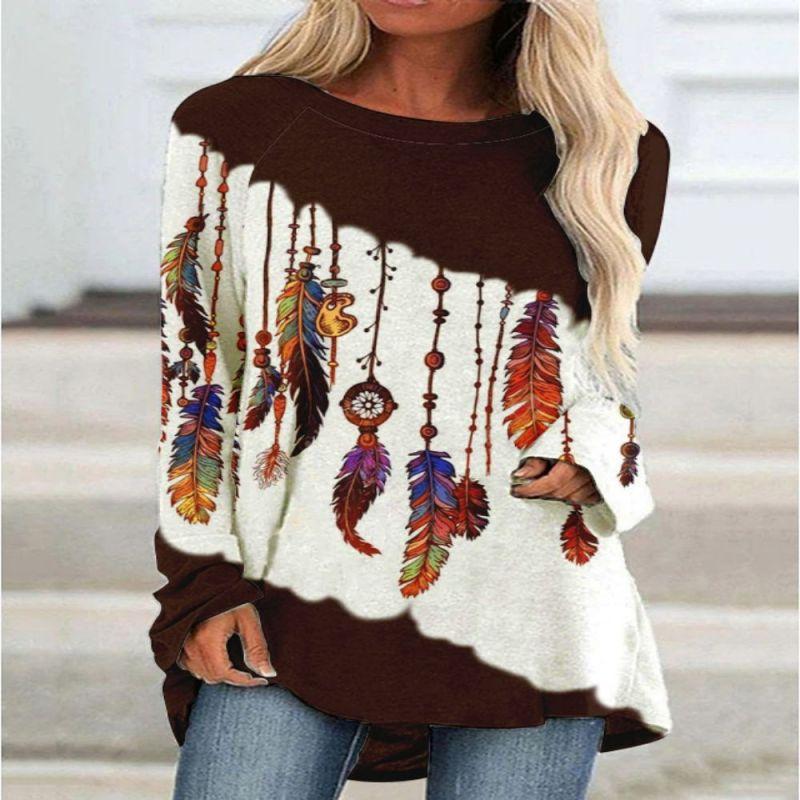 New 3D Ethnic Tribal Style Printed Round Neck Women's T-shirt Long-sleeved Bottoming Shirt Casual Loose Top Breathable Pullover