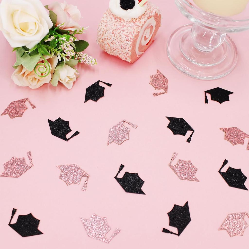 200PC Black Rose Gold Grad Cap Graduation Confetti for Table Glitter Graduation Hat Table Scatter for Class of 2026 Grad Party Decorations