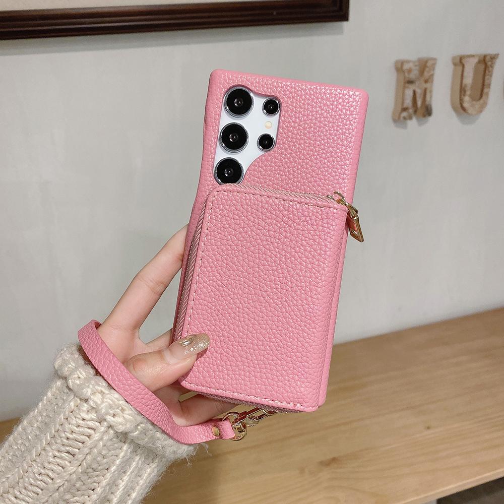 For Samsung Galaxy S25 Ultra Case Zipper Card Slots PU Leather Phone Back Cover with Wrist Strap