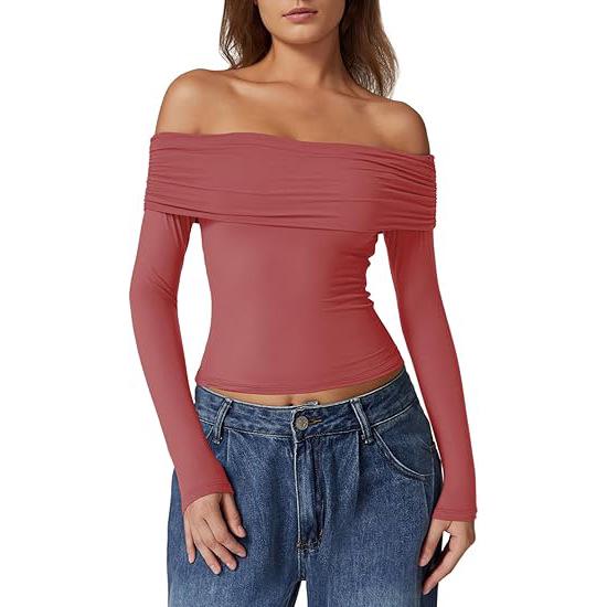European & American Women's Strapless Double-Layer Long-Sleeve Pullover Top - 2024 Trendy Off-Shoulder Style