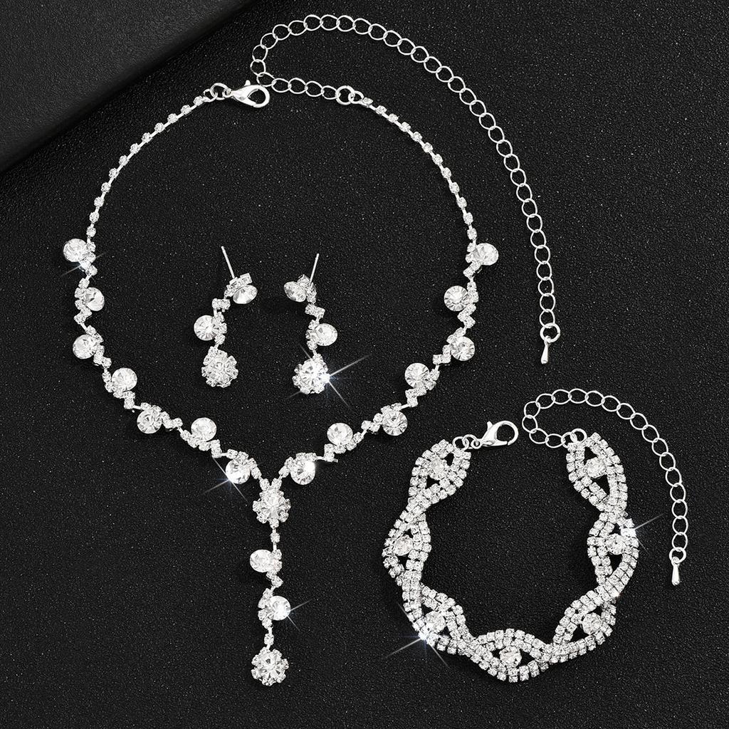 Multi-Color Jewelry Set New Shiny Full Diamond Women'S Wedding Jewelry Necklace Earrings Bracelet Three-Piece Set