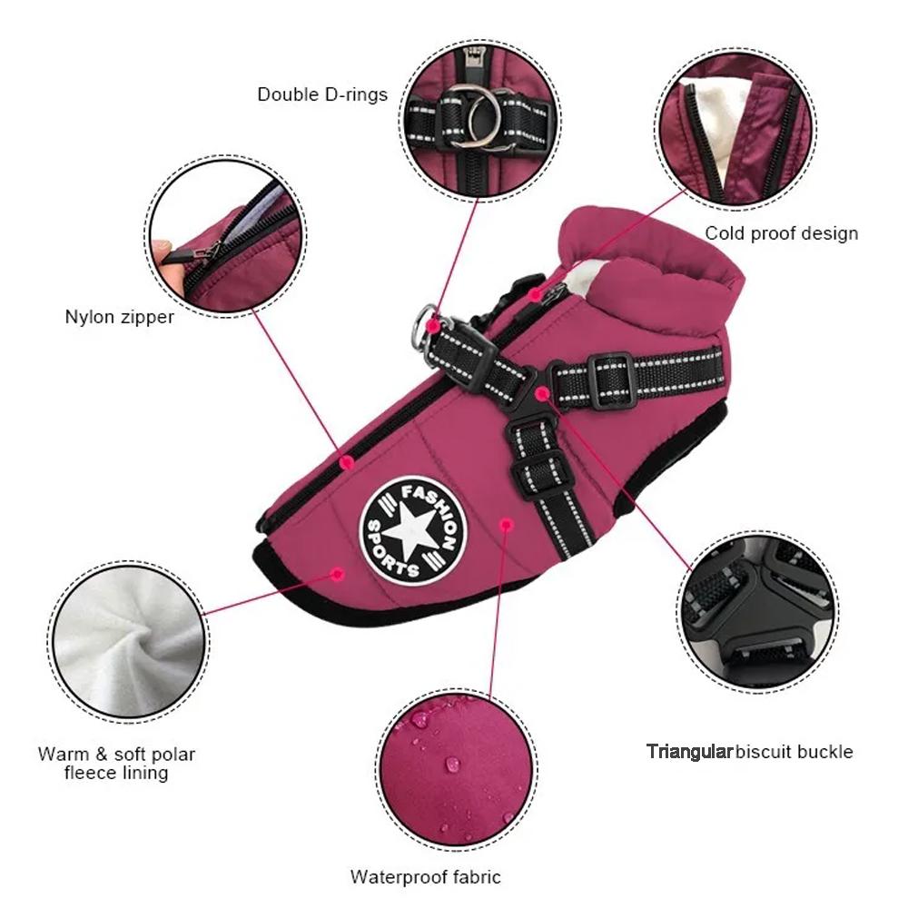 Winterwarme Haustier-Hundejacke mit Geschirr Wasserdichte Hundemantelweste für kleine mittelgroße Chihuahua Französische Bulldogge Outdoor-Hundekleidung