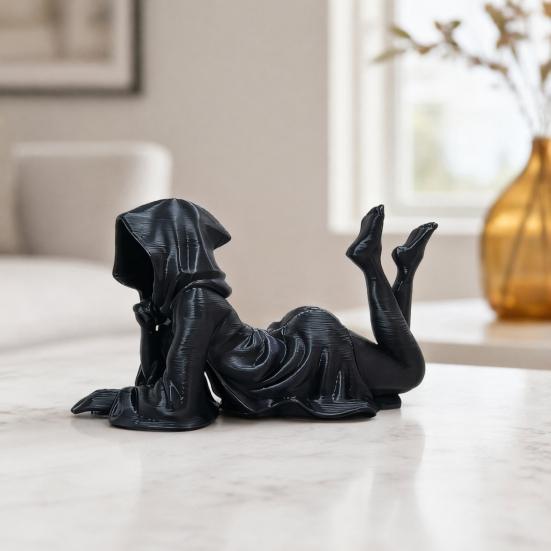 Stable Base Figurine Hooded Laying Lady Reaper Figurine, 3D Printed Gothic Dark Fantasy Sculpture, Soft Decoration Sculpture Black Robed Women