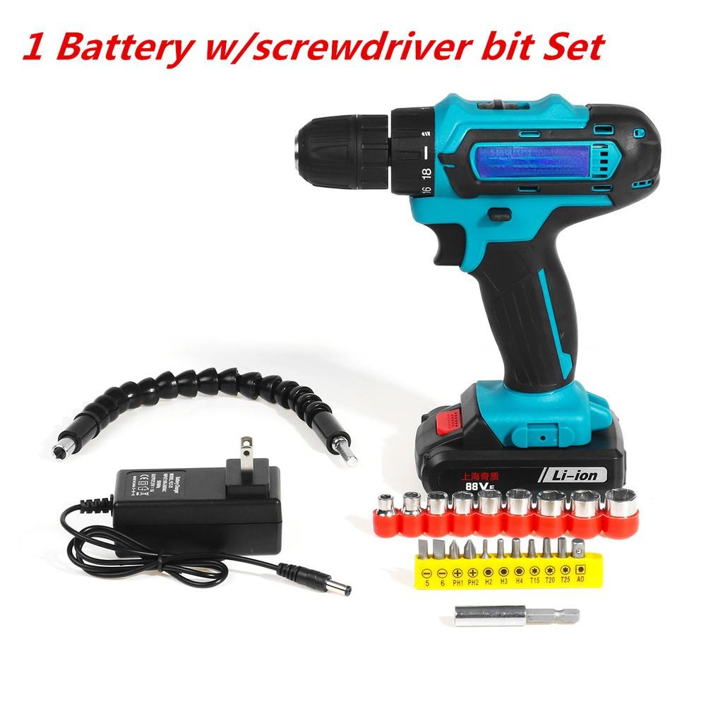AC 220V 88VF Power Cordless Electric Drill Flat ScrewDriver Li-Ion Batery Rechargeable 18+1 Torque Hand Power Tool