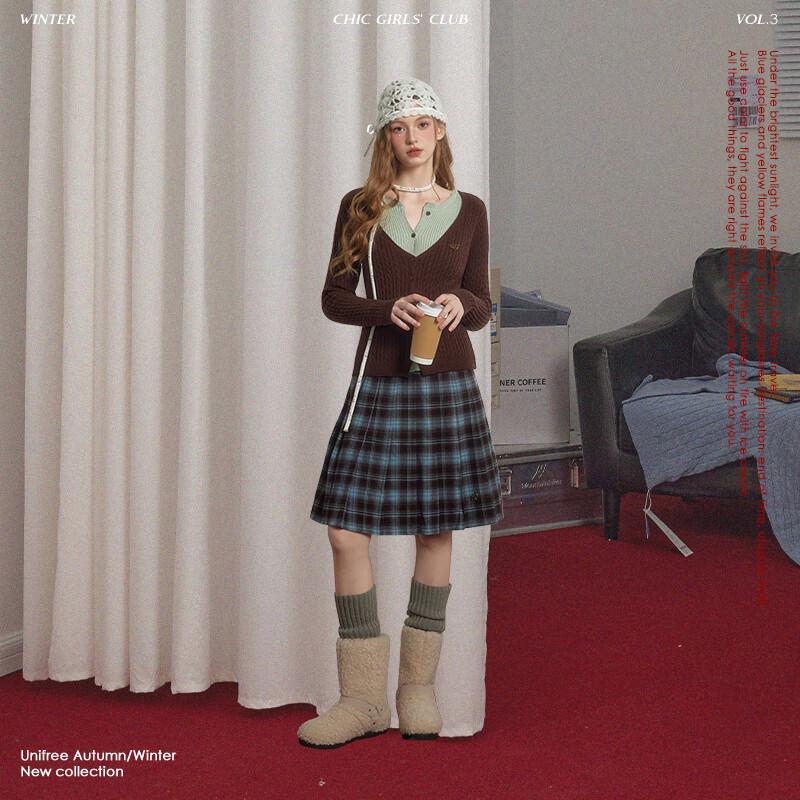 UNIFREE Women's Retro Faux Two-Piece Color Block Knit Top