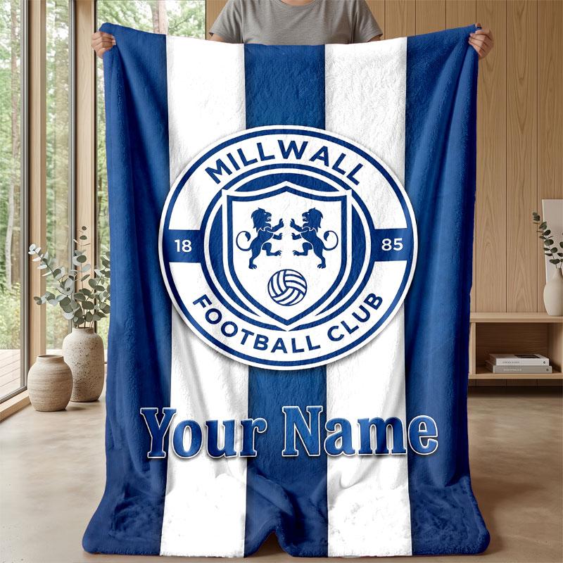 Millwall Custom Name Text Flannel Blanket Soccer Logo Personalized Fleece Throw Blanket Special Gift For Sofa Bedroom Home
