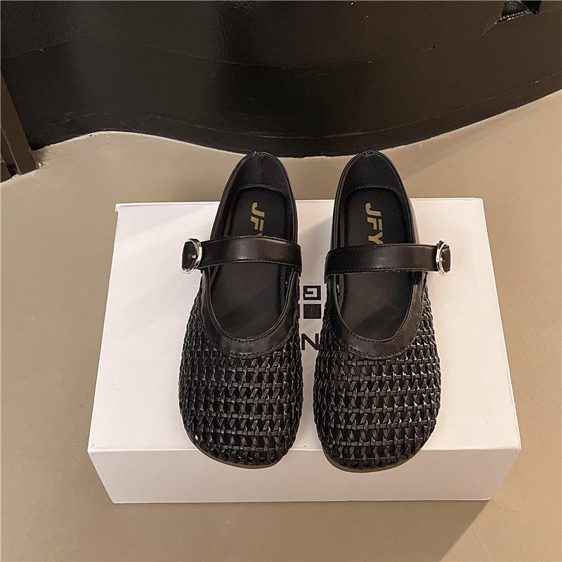 Single Shoes Women's French Mary Jane New Shallow Mouth Hollow Fishing Net Crocheted Silver 2025 Summer Roman Bean Shoes Women's Shoes