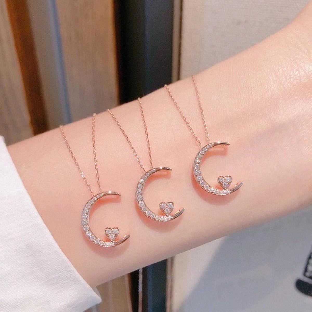 

Luxurious Diamond Moon & Heart Pendant Necklace, S925 Sterling Silver with Gold Plating - Elegant and Versatile for Women. 925 Sterling Silver