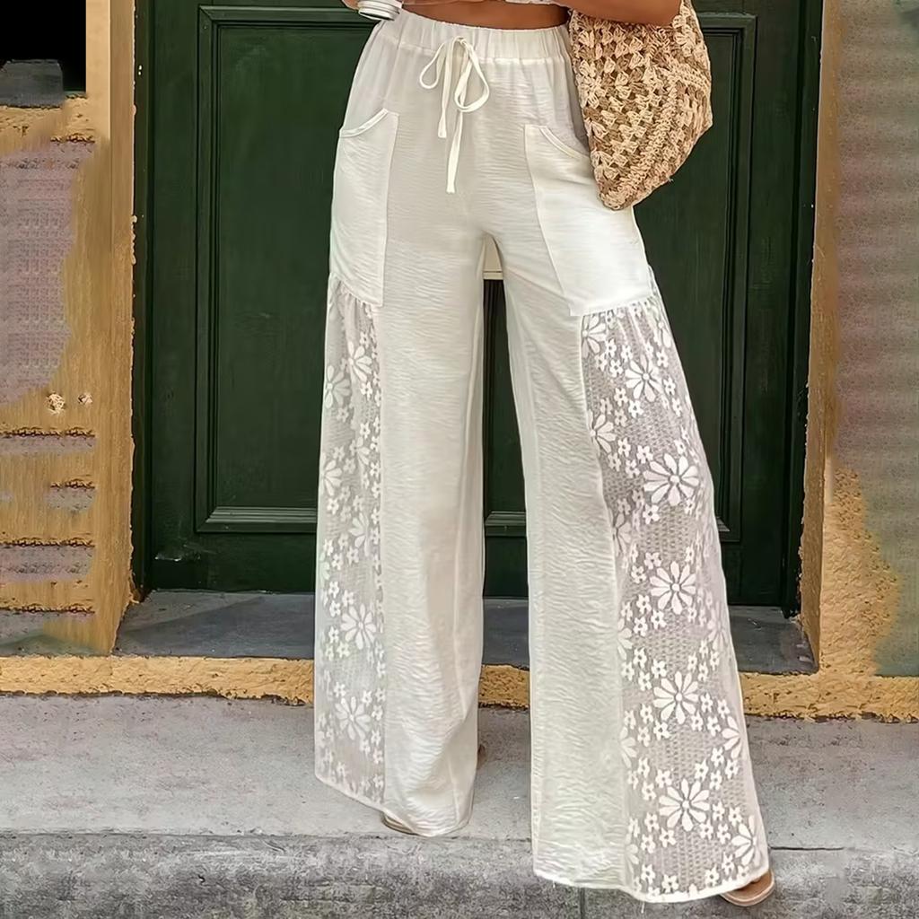 Ladies' Casual Wide Leg Pants With Lace Patchwork Pants