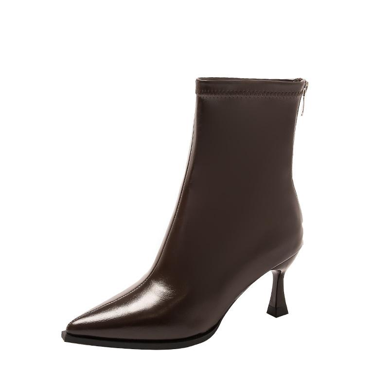 

2024 autumn and winter new niche thin boots women s shoes pointed French bright leather Korean thin heel high heel short boots 39 темно-коричневого кольору