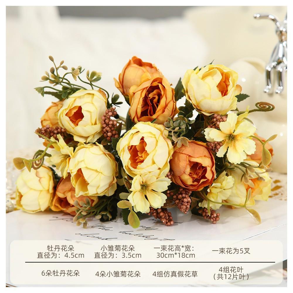Blush Pink Artificial Peony Bouquet, Fake Silk Flowers with Greenery for Home Wedding Decor