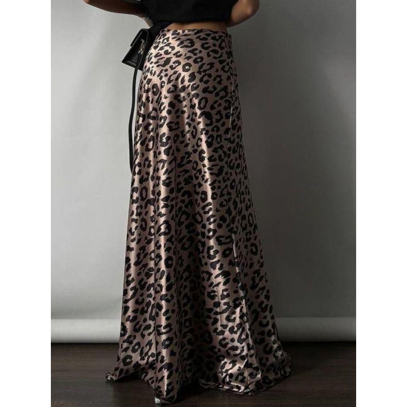European and American Women Clothes Satin Drape Half-Length Long Dress Leopard Print Fishtail Skirt Floor-Length Dress Leopard Print Skirt