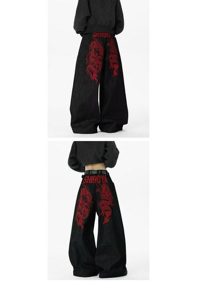 Red Dragon Embroidered Curved Blade Denim Pants: Unisex Wide-Leg, Slight Flare, Long Workwear Style.