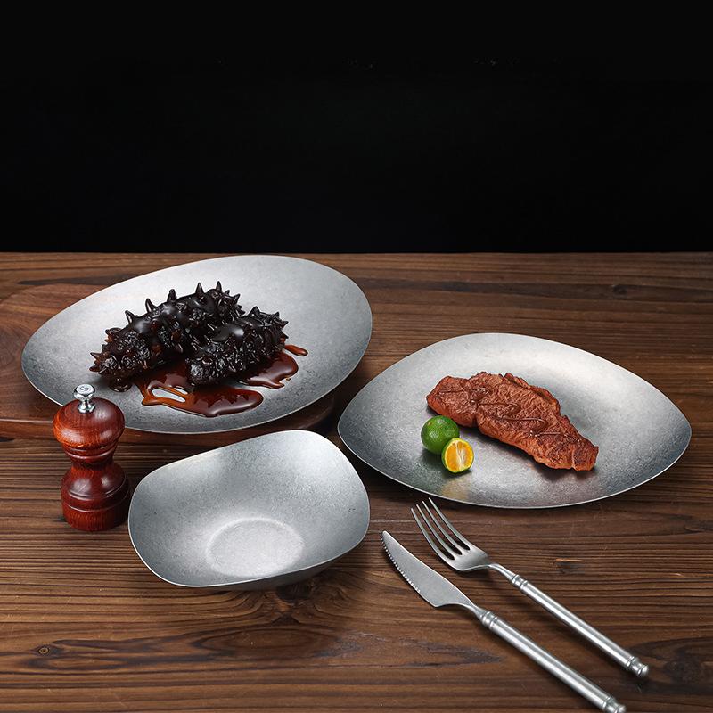 Vintage Industrial Style Metal Dinner Plate Stainless Steel Outdoor Camping Western Food Plates French Restaurant Bone Dish