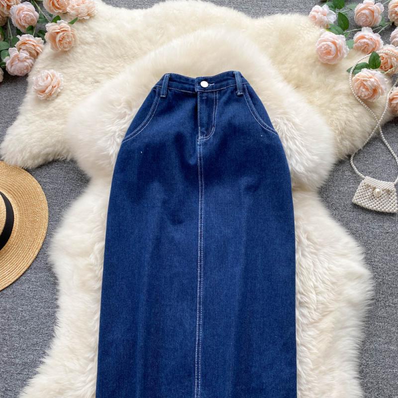 Denim Skirt Mid Length Women's Back Split Summer Korean High Waist Versatile A-Line Skirt Long Skirt
