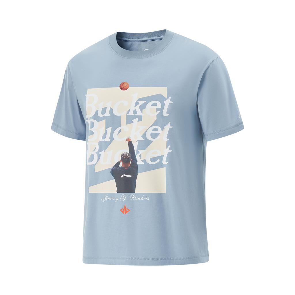 Li-Ning Basketball Series Letter Print Pattern Breathable Versatile Short Sleeve T-Shirt Men Tops Cyan-Gray-Blue AHSV401-2