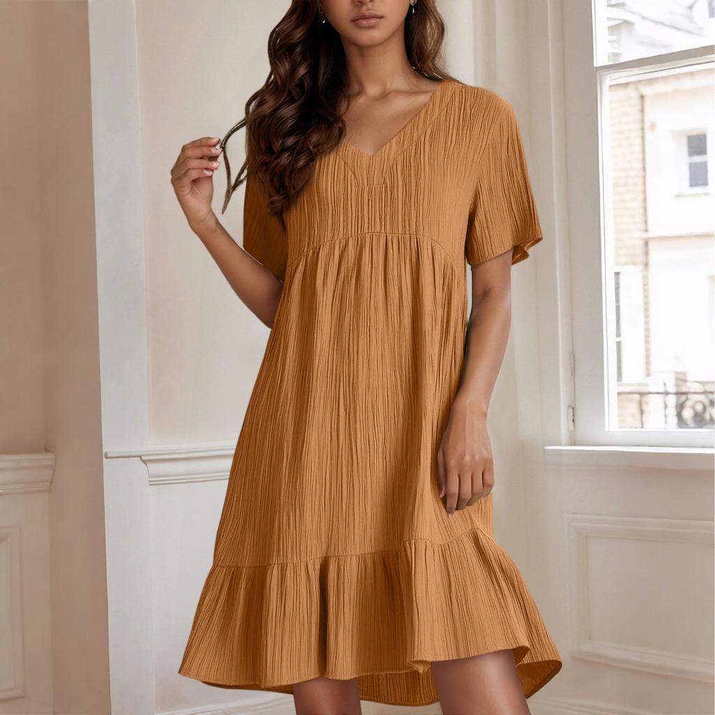 Ladies' Casual And Fashionable Solid Color Dress, Loose Short Sleeved Waist Cinched Dress