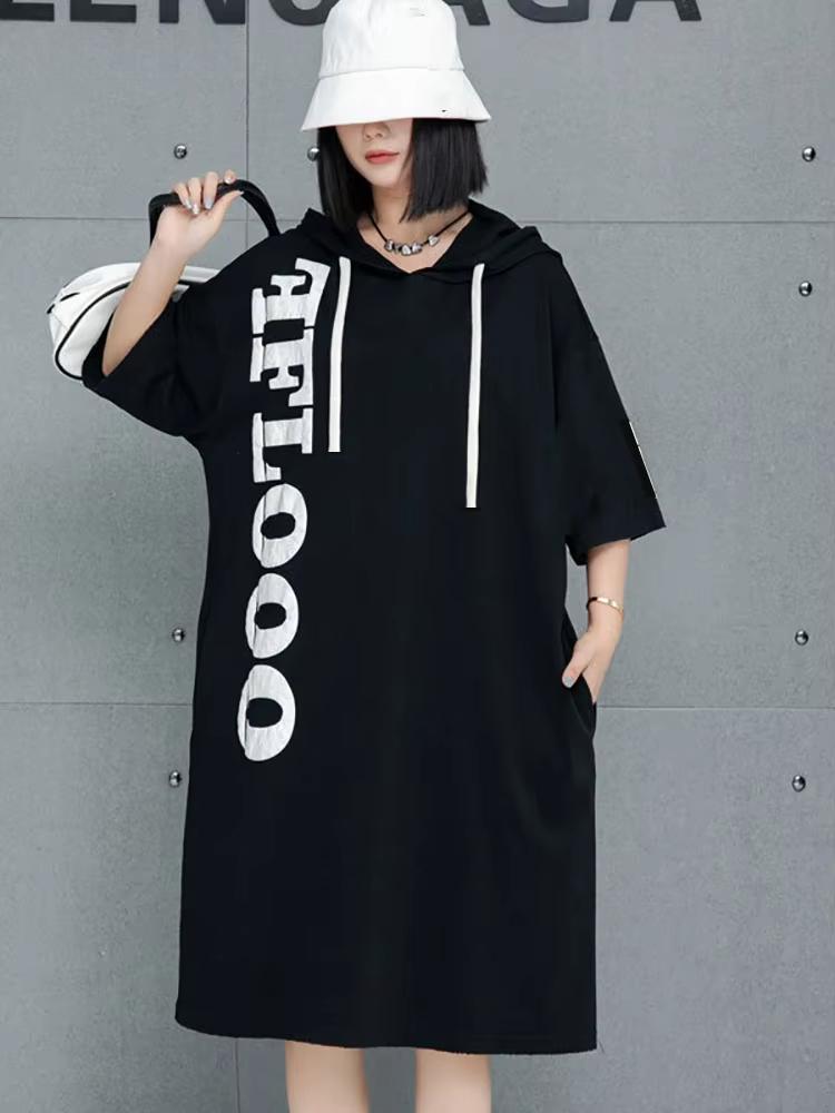 

XITAO Hooded Letter Printing Drawstring Dress GMM1194 One Size чёрный