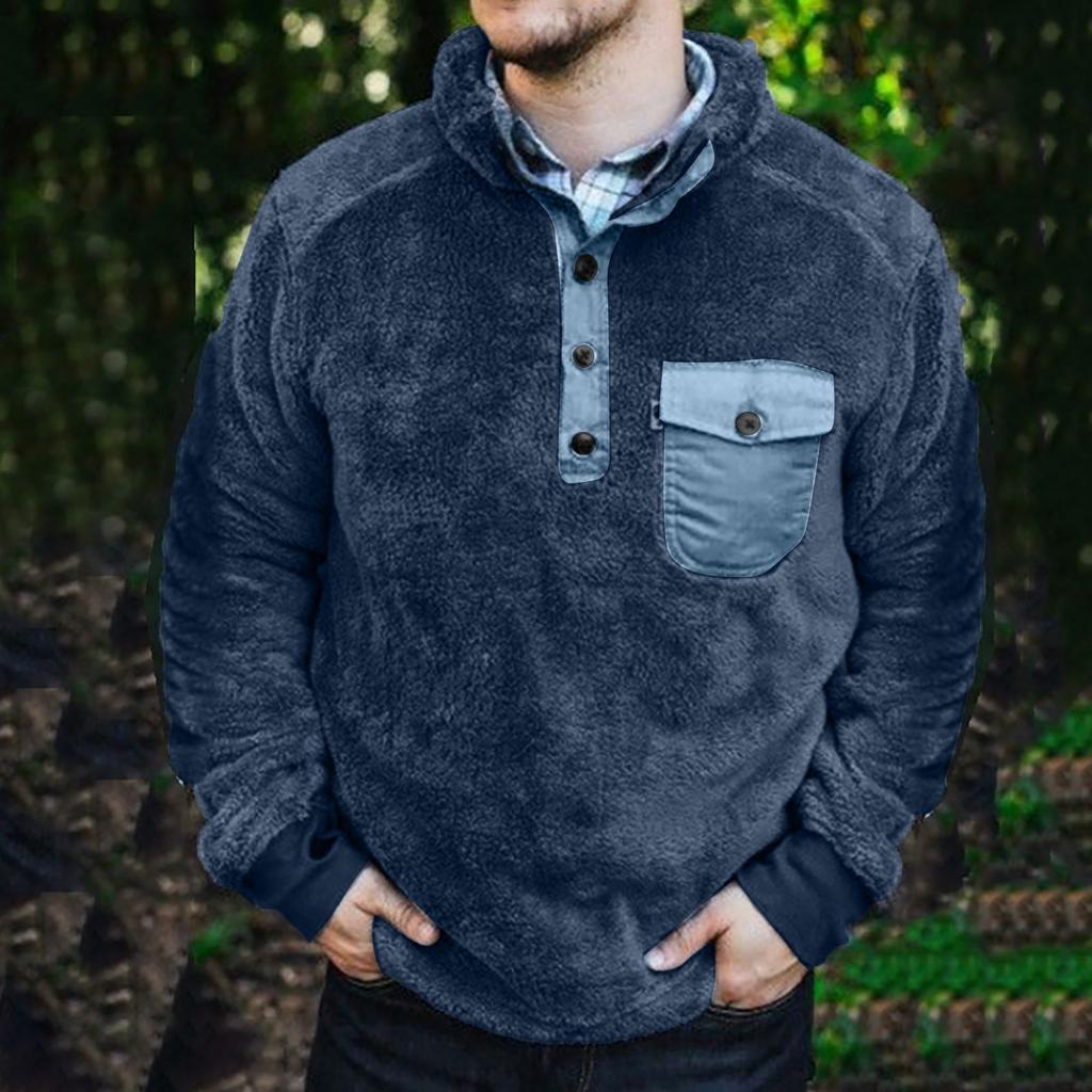 Herren Herbst und Winter Pullover Warmes Hemd Brusttasche Locker Lässiges V-Ausschnitt Pullover Hemd Retro Lässig Warm Langarm