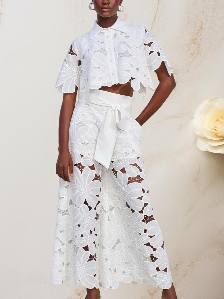2025 Summer Women's Solid Color Casual Hollow Out Cardigan & Wide Leg Pants Set
