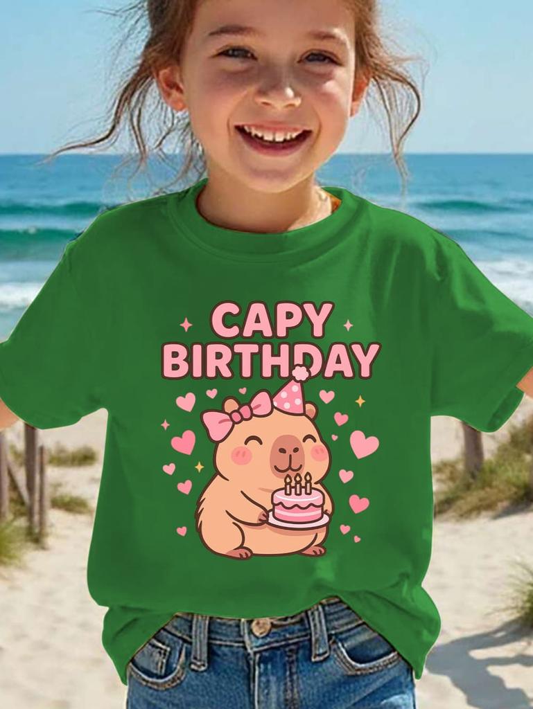 Girls T-Shirt Capybara Kids Clothing Summer Printed Cartoon Short Sleeve Tee Children Basic Loose Round Neck Tops Birthday Gifts