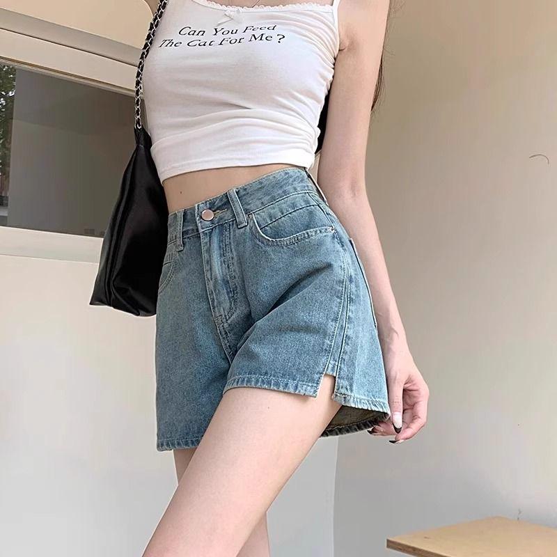 

Plus Size Women s A-line Retro Slit High-Waist Slimming Denim Shorts - Summer 2026 S (suggested for 88-100 kg)