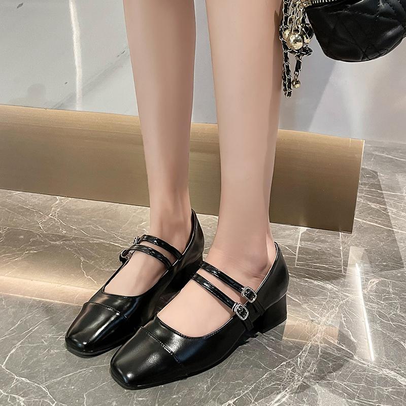 

Fashion Women s Mid Heels Leather Mary Janes Shoes Ladies Square Toe Double Buckle Designer Shoes Black Mid Heels Female Autumn 35 чёрный