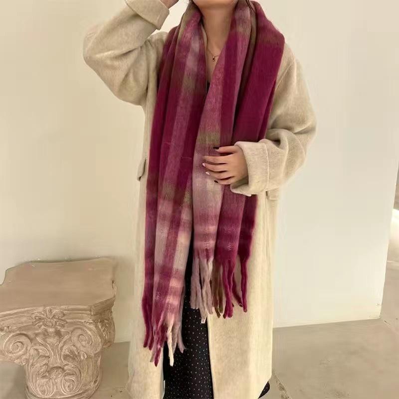 Women's Thick Plaid Yarn Scarf - Versatile, Warm, College Style for Fall/Winter