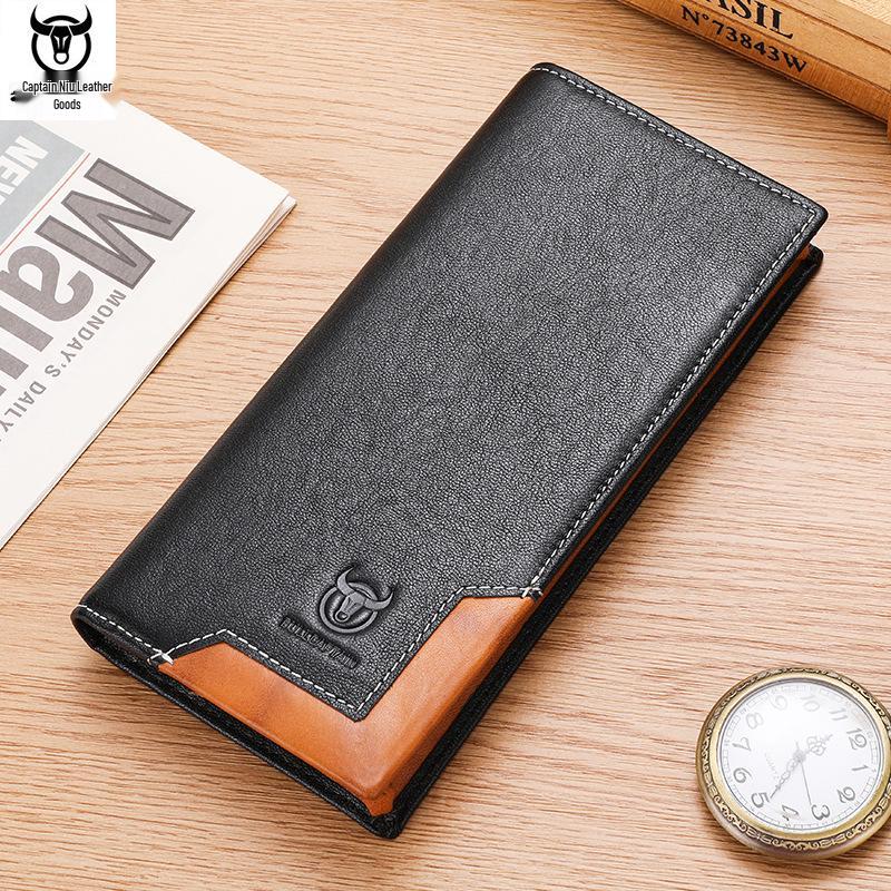 Portofel Lung Bifold Retro pentru Bărbați din Piele Naturală de Vacă Captain - Ceară de Ulei, Portmoneu pentru Monede de Capacitate Mare