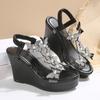 Large Size Elastic Band Wedge Sandals Women's 2025 Summer New Pearl Rhinestone Butterfly Flower Fashion Sandals Women