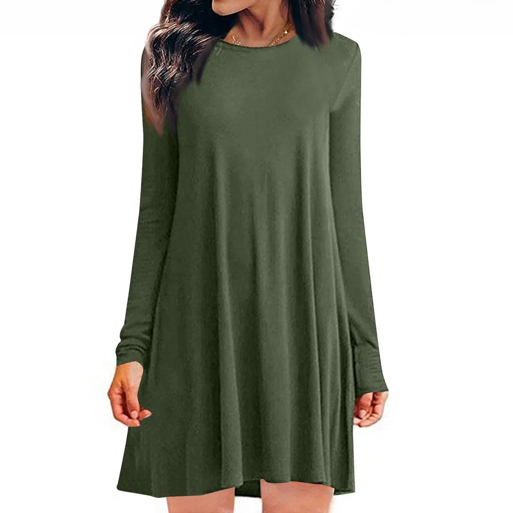 Women's Fashion Casual Solid Round Neck Pullover Loose Long Sleeve Dress