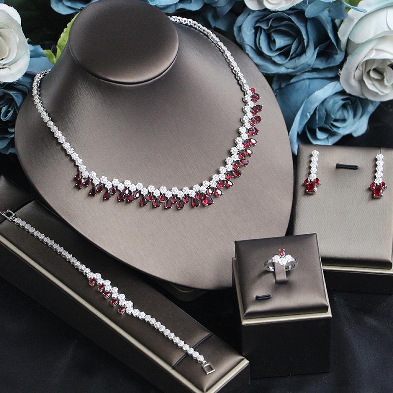 Korean Bridal Jewelry Set: Zircon Necklace, Earrings & Ring - Elegant Wedding Accessories