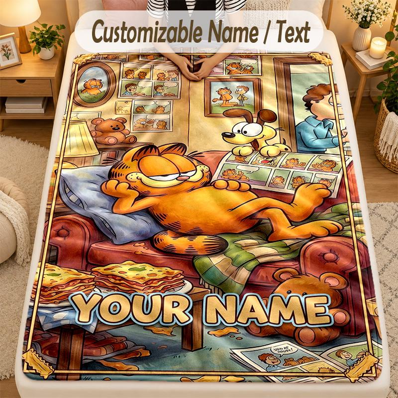 Flannel BlanketGarfield Custom Name Text Personalized Soft Warm Throw Blanket Home Decor Gift