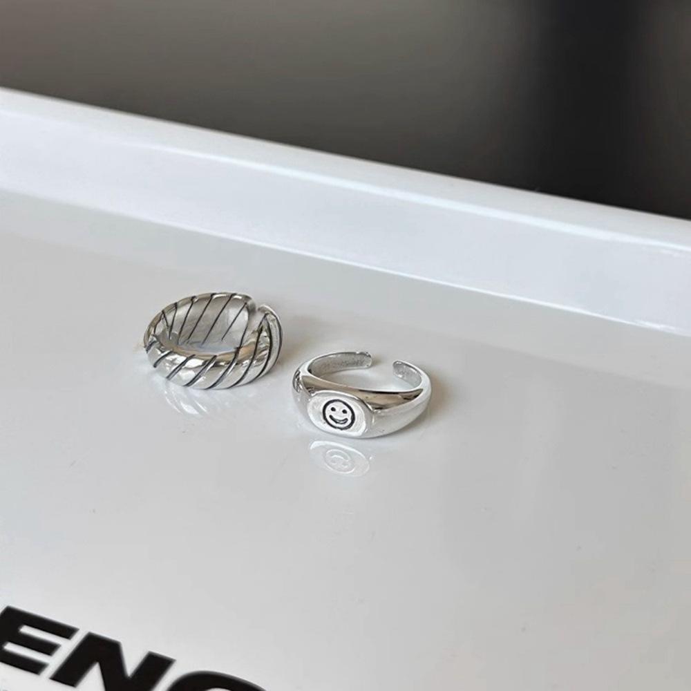 Korean bloggers daily stack 925 sterling silver thickened smiley face thread old silver ring ring opening simple ins wind