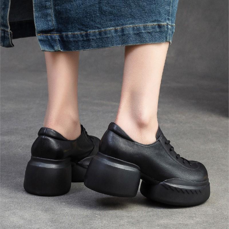Fashion GKTINOO 2025 Autumn New Genuine Leather Thick Sole Pumps Versatile Retro Round Toe Lace-up Women's Platform Shoes