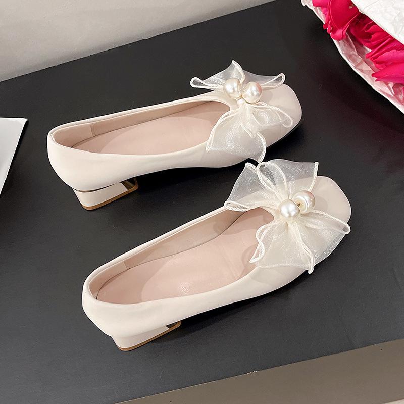 

2025 new square head thick heel high heels large size fattened and widened fairy style female single shoes comfortable and not tired feet versatile 40 бежевый