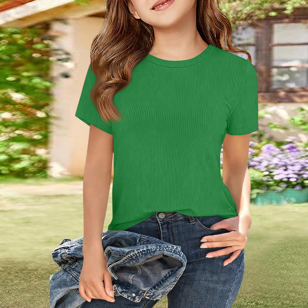 Geripptes Mädchen-T-Shirt, Kurzarm Rundhals Freizeit-Top