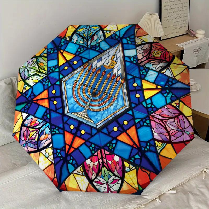 1pc Stained Glass Menorah Pattern Small Travel Automatic Folding Umbrella, Compact Windproof Umbrella, Automatic Open/Close ,Gift-091505