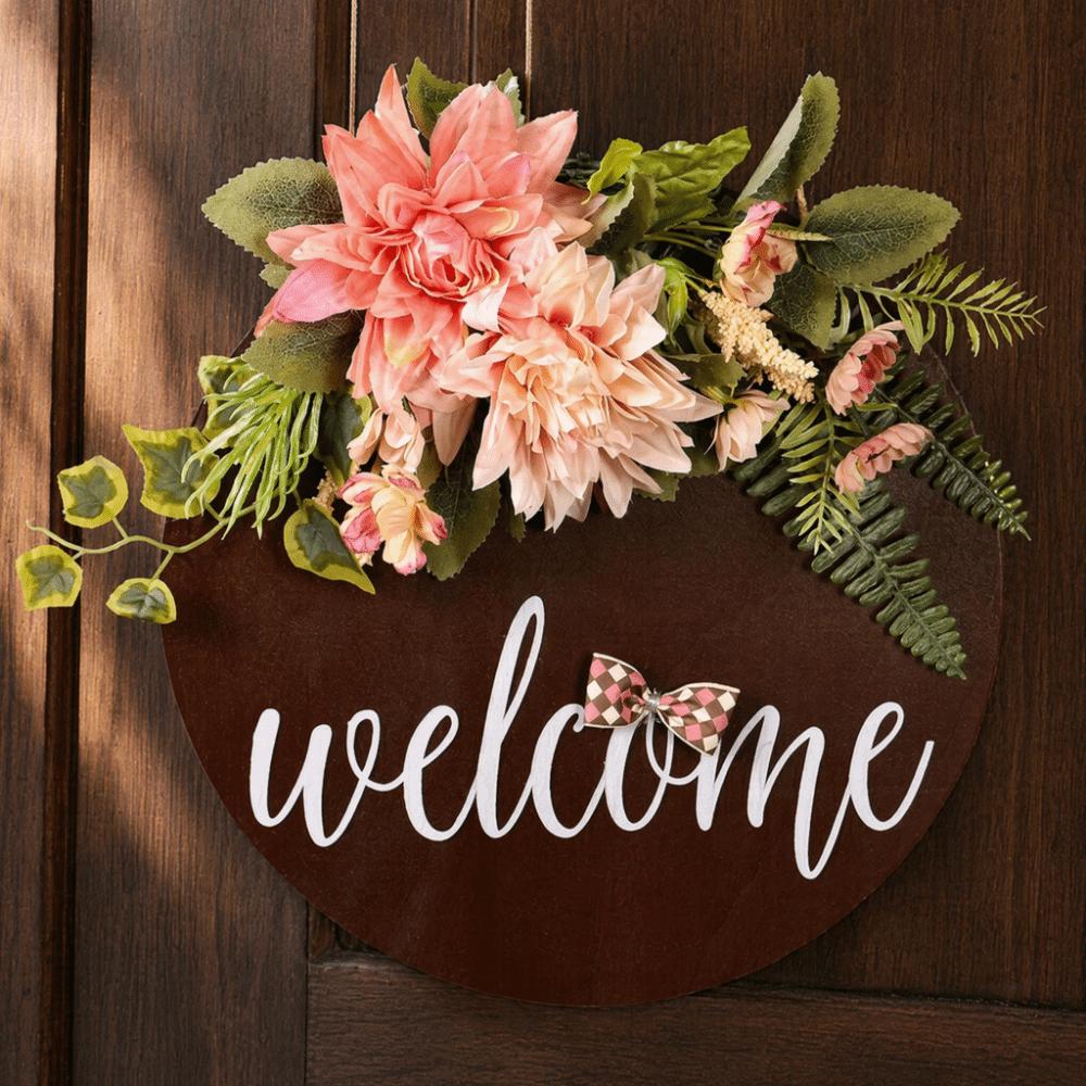 Wooden Welcome Sign with Flowers Front Door Welcome Sign Entryway Wall Display