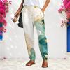 Women Plus Size Loose Straight Leg Long Pants Blue Gold Marble Printed With Pockets