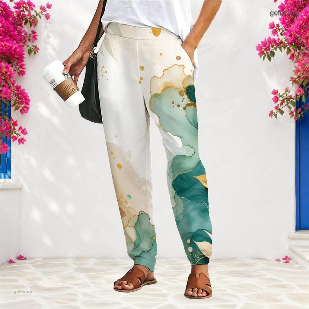 Women Plus Size Loose Straight Leg Long Pants Blue Gold Marble Printed With Pockets