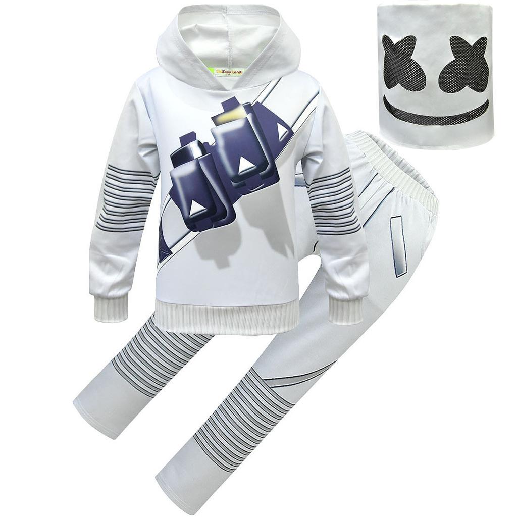 Set Felpa con Maniche Lunghe Pantaloni Maschera Copricapo DJ Marshmello per Bambini e Bambine Costumi Cosplay di Halloween Vestito per Giochi di Ruolo