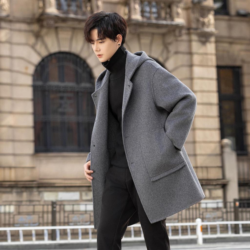 Men's Mid-Length Wool Hooded Coat, 2025 Winter Collection, Double-Sided Design, Thickened Windbreaker Jacket.