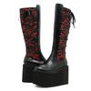 Gdgydh Women's Retro Floral Lace-Up Knee-High Winter Boots with Thick Wedge Heel Side Zipper Cowgirl Boots Semiformal Footwear